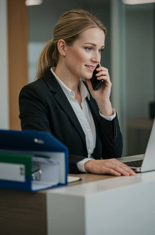 imagen25 "Ejecutiva blanca hablando por teléfono en una recepción moderna con carpetas legales y laptop, transmitiendo profesionalismo y conexión instantánea."